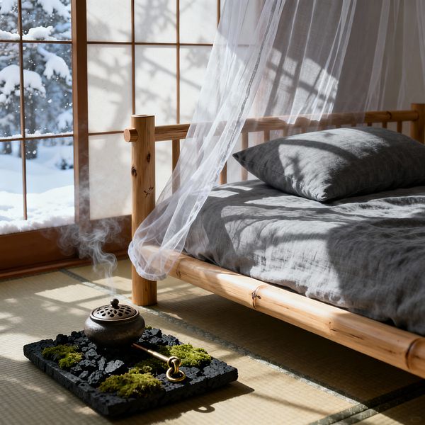 A minimalist Japanese bedroom features a low bamboo platform bed with soft gray linen on tatami mats beside wood-and-rice-paper shoji screens. A sheer white canopy drapes lightly as winter sunlight filters in, casting shadows. In the foreground, a smoking bronze incense burner rests on a tray of black lava rocks with patches of green moss, while snow-covered trees outside enhance the calm, meditative atmosphere.