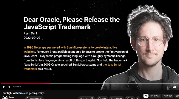 A video screenshot featuring Ryan Dahl discussing the JavaScript trademark issue with Oracle.