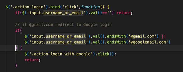 The image displays a snippet of JavaScript code for handling Google login redirection based on email domains.