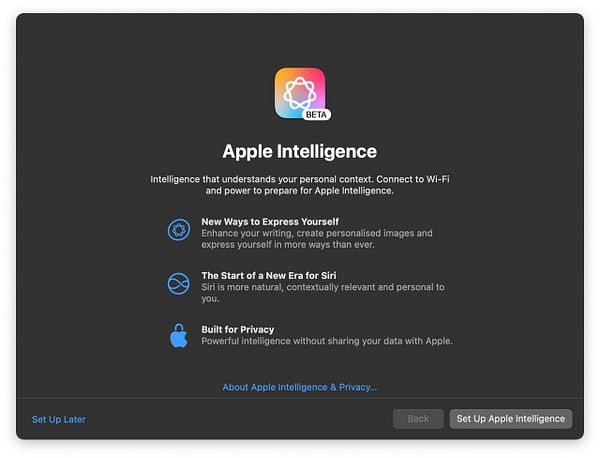 The image displays a setup screen for Apple Intelligence, highlighting its features and privacy focus.