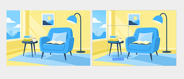 Two side-by-side digital illustrations of a cozy living room corner with a blue armchair, side table, stack of books, cup, floor lamp, window, and framed picture, where the right image shows an editing bounding box around the side table.