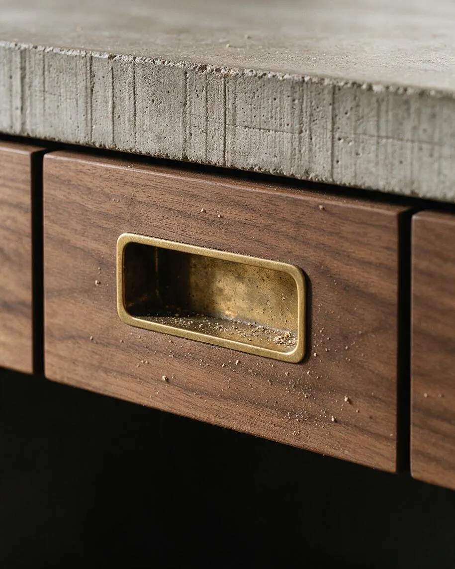 A close-up of a Brutalist cabinet detail showing a rough poured-concrete top resting above warm walnut drawer fronts. A recessed rectangular brass pull is centered on the wood panel, with visible texture, dust, and small imperfections emphasizing the raw material finish.