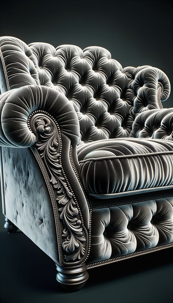 A close-up image of a luxurious velvet upholstered armchair, showing detailed stitching and the plush texture of the fabric.