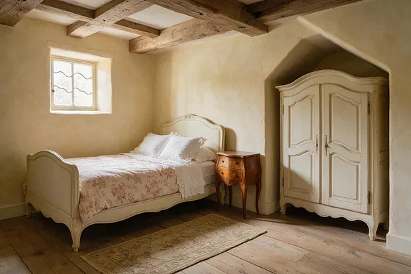 A cozy French Country basement bedroom with a cream-painted vintage bed, floral bedding, and a carved wooden nightstand beside a tall armoire. Exposed rustic ceiling beams, plaster walls, and a small leaded window create a warm, softly lit atmosphere.