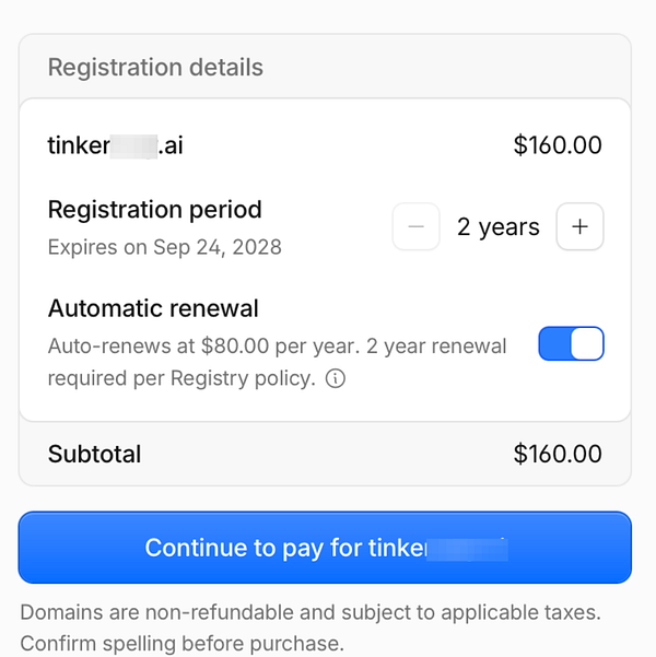 Domain registration checkout screen for a .ai domain showing price, registration period, and renewal options.