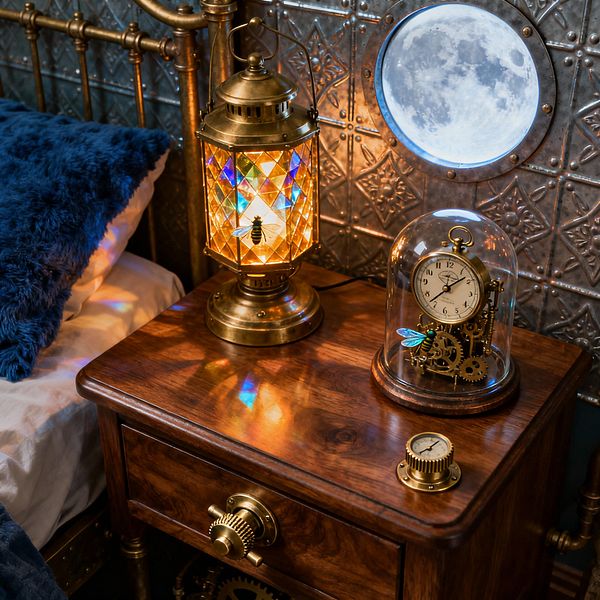 Close-up of a steampunk bedside table in a bedroom: a polished walnut nightstand holds a brass lantern with iridescent cut-glass panels, a glass cloche covering a pocket watch and exposed gears, and a small built-in gauge. Embossed tin wall tiles form the backdrop with a round porthole glowing like a full moon, while a brass bed frame and deep navy faux-fur bedding appear along the left edge.