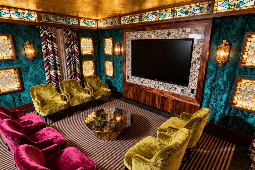 A maximalist media room with teal damask walls features two rows of velvet lounge chairs—chartreuse in front, magenta behind—facing a large flat-screen set in a terrazzo surround framed in walnut. Stained-glass wall panels and a clerestory band glow warmly alongside ribbed brass sconces. A circular smoked-glass coffee table sits on a taupe-and-charcoal striped carpet, with multicolored zigzag drapery and a reflective gold ceiling completing the layered look.