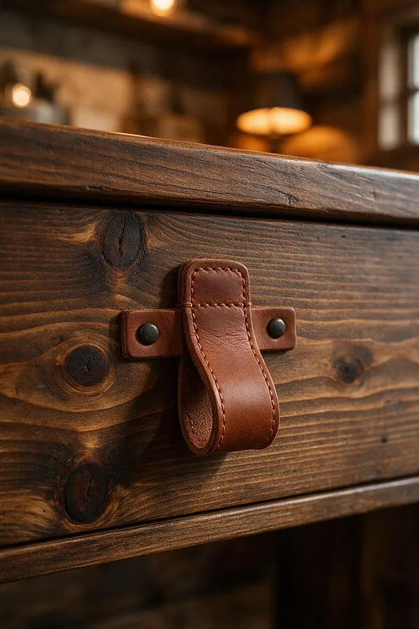 A close-up of a rustic wooden chest or drawer front with a leather pull tab fastened by dark metal rivets. The wood shows pronounced grain, knots, and a dark stained finish, while the softly blurred background suggests a warm, cozy interior with amber lighting.