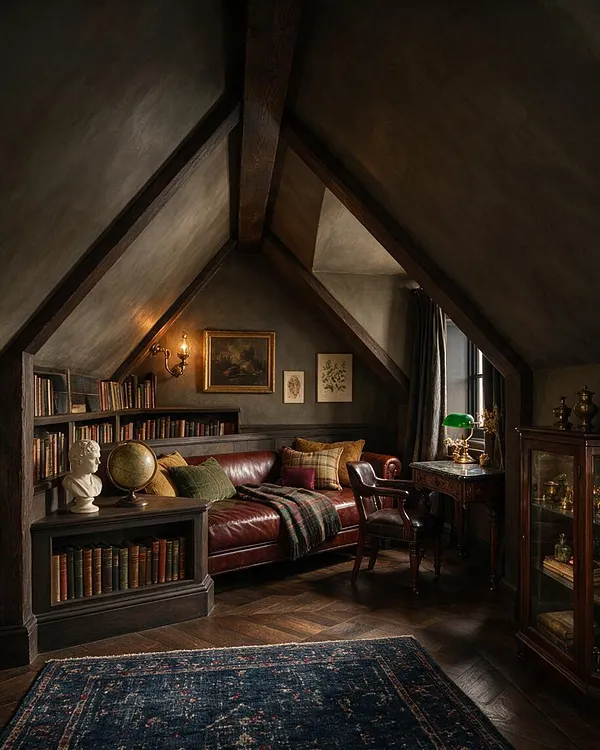 A dark academia studio apartment with steep sloped ceilings, dark wood beams, and charcoal walls. The room features a burgundy leather sofa, built-in bookshelves filled with books, a globe, antique-style desk lamp, framed art, and a dark patterned rug, creating a warm, scholarly atmosphere.