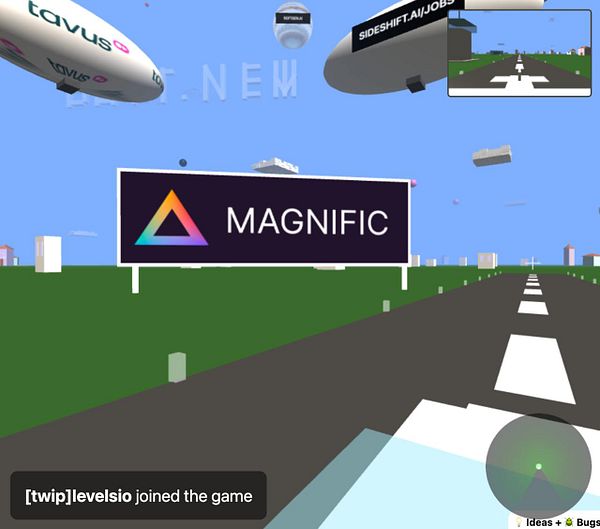 A virtual scene featuring a prominent billboard for 'MAGNIFIC' in a stylized landscape.
