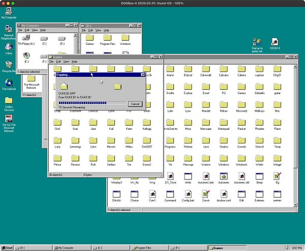 The image displays a Windows 95 desktop environment with multiple file explorer windows open, showing a file copying process.