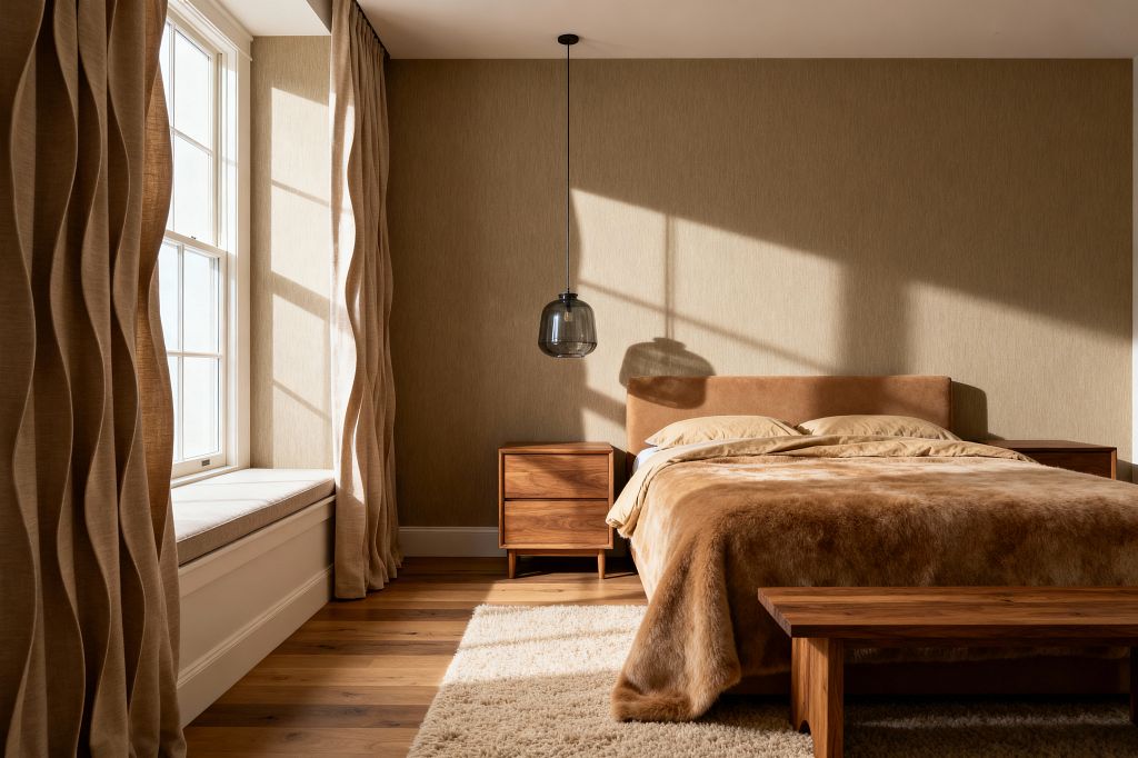 A sunlit bedroom features a camel suede-upholstered bed against a beige textured wall, with walnut nightstands and a matching wood bench at the foot. A smoked-glass pendant hangs over one nightstand, a cream shag rug softens matte oak floors, and tall white-trim windows with a cushioned window seat are dressed in ripple-fold linen drapery that casts sculptural shadows across the room.