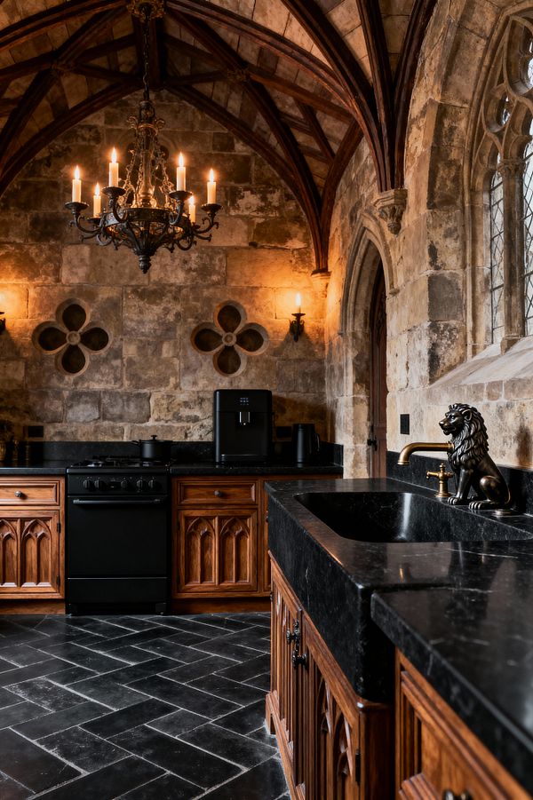 Moody Gothic laundry room with a ribbed vaulted ceiling, timeworn limestone walls, and arched, leaded-glass windows. Oak cabinets with pointed-arch panels and black hardware sit beneath honed black stone countertops and a deep undermount sink with an antique brass faucet capped by a lion figure; a wrought-iron candle chandelier and wall sconces cast amber light over a charcoal herringbone slate floor and matte black appliances along the back counter.