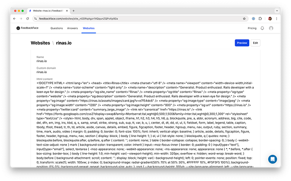 The image displays a webpage interface for managing website details for rinas.io.