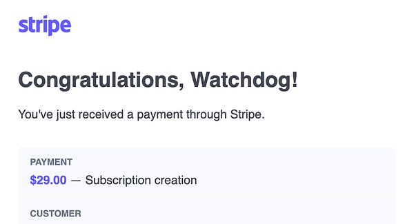 A payment notification from Stripe confirming a new sale.