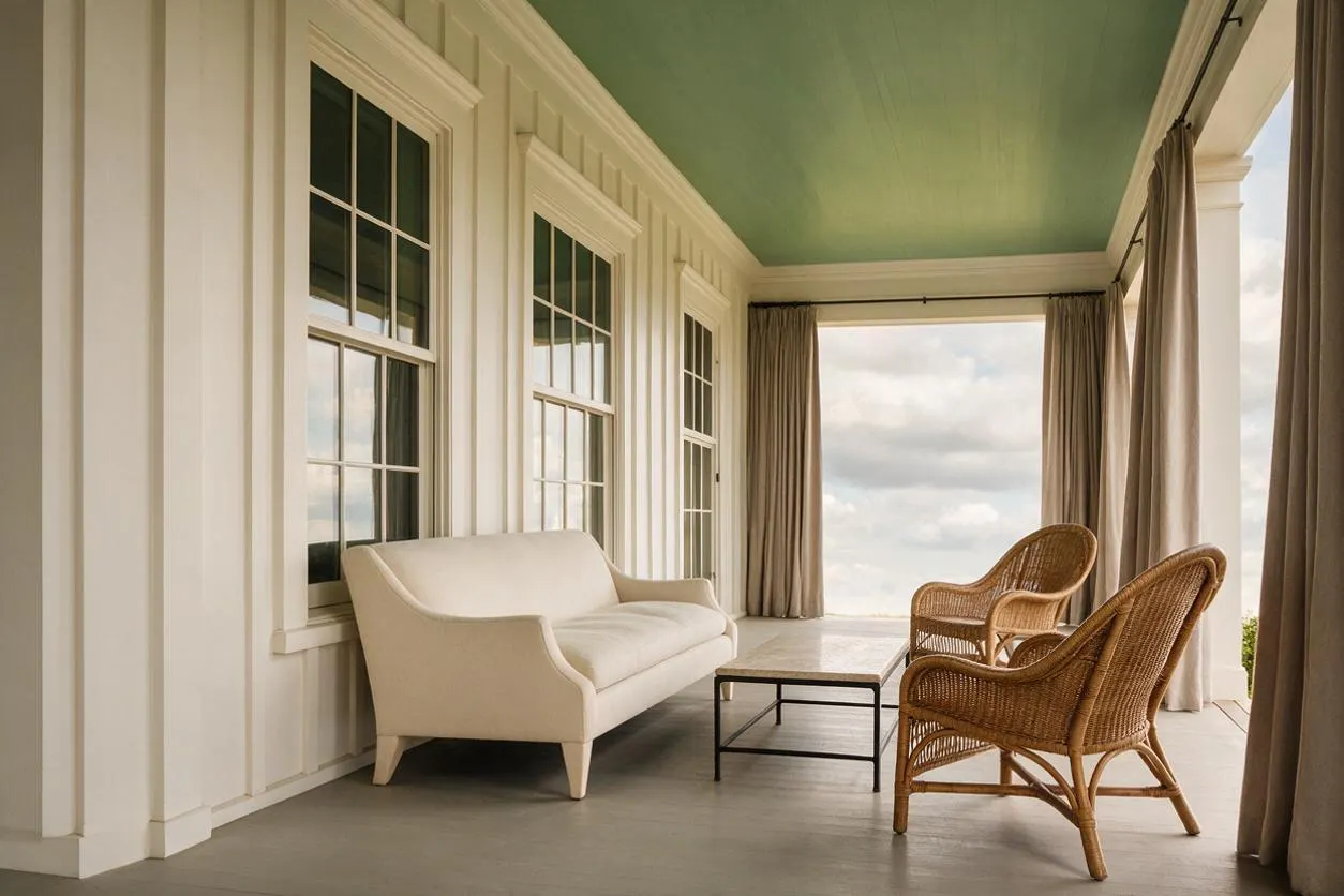 A spacious transitional front porch with a mint green ceiling, white paneled walls, and tall windows. The porch is furnished with a cream upholstered loveseat, two woven wicker chairs, a low rectangular coffee table, and floor-length taupe curtains framing the open view.