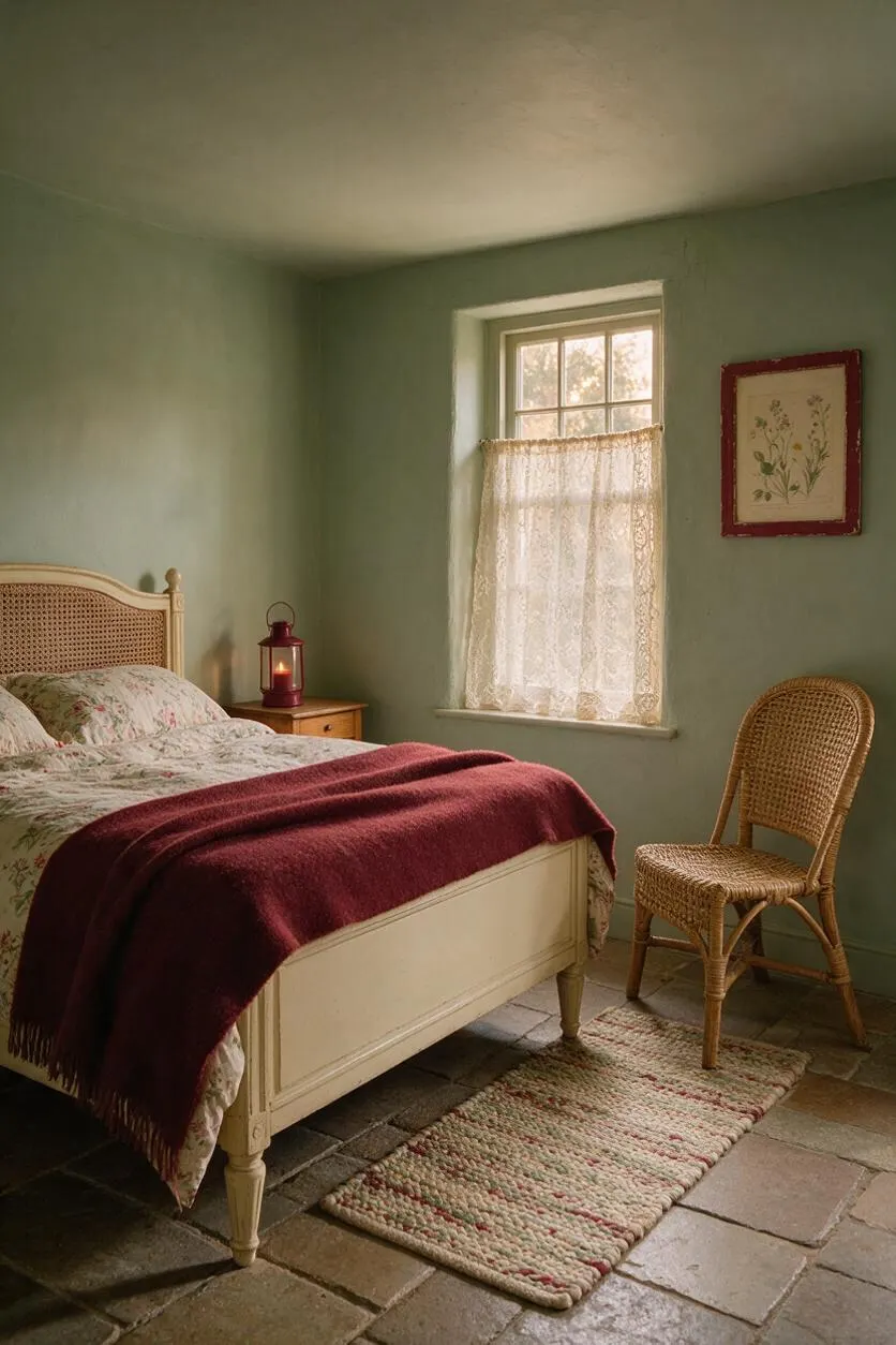 A cozy cottagecore guest bedroom with soft sage green walls, a cream bed with a woven cane headboard, floral bedding, and a burgundy throw blanket. A lace-curtained window, wicker chair, small wooden nightstand with a red lantern, and a braided rug complete the rustic, romantic look.