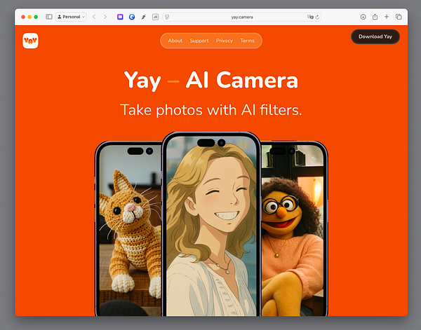 The image displays a website interface for 'Yay - AI Camera' featuring three smartphones showcasing different images.