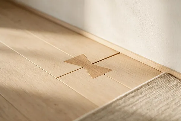 A close-up of a pale wood floor meeting a white wall and base trim, with a small darker wood cross-shaped inlay at the seam between planks. The corner of a textured beige rug appears at the lower right, emphasizing the room’s calm, minimalist Scandinavian look.