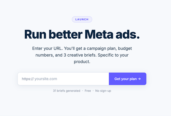 Screenshot of the paid.social app interface showing the creation of a Meta ads brief with URL input, data points, and a generated advisement report.