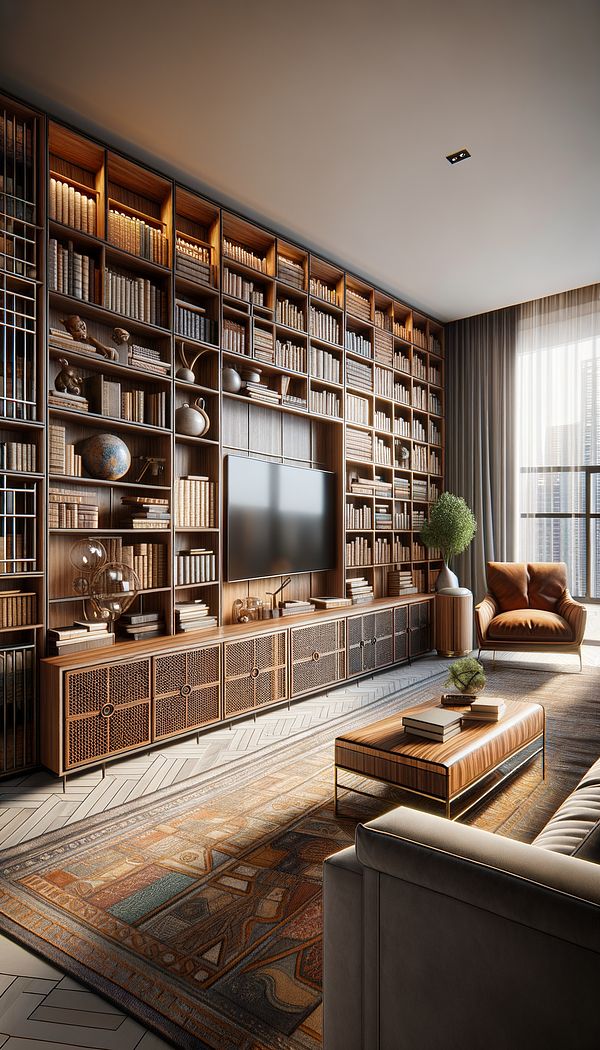 A well-organized living room featuring a variety of casegoods: a wooden bookcase filled with books, a sleek metal media console, and a statement storage cabinet with intricate details.