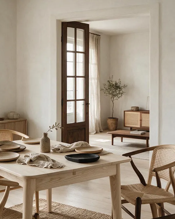 A serene Japandi dining room with a light oak table, woven cane chairs, and neutral tableware. A dark wood French door opens to a softly lit adjoining room with linen curtains, a potted tree, and a low wood cabinet with cane-front doors.