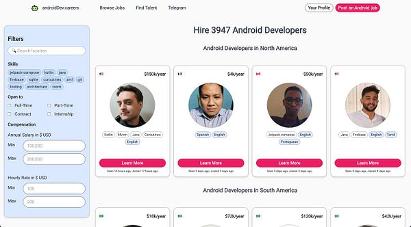 The image displays a job listing interface for hiring Android developers across North and South America.