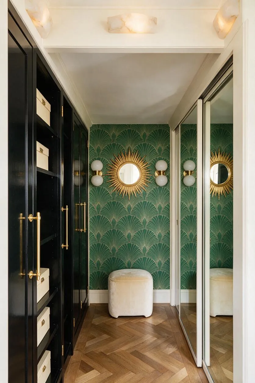 A narrow Art Deco-style closet with glossy black built-in cabinets on the left, mirrored sliding doors on the right, and a green fan-pattern wallpaper feature wall at the end. The back wall includes a gold sunburst mirror, globe sconces, a small cream velvet ottoman, and herringbone wood flooring under soft warm lighting.