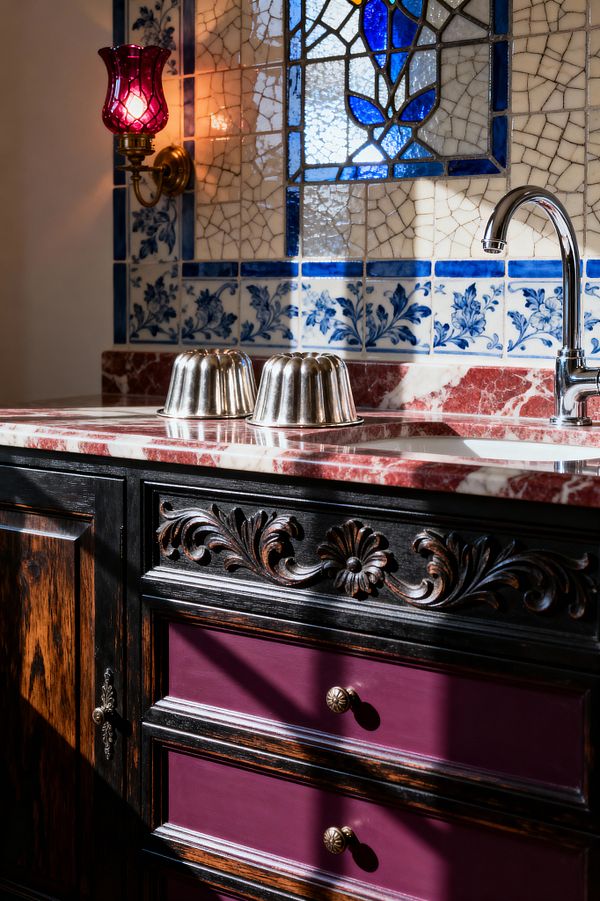 Close-up of a Victorian-style kitchen shows carved dark wood cabinetry with plum-painted drawers and brass knobs beneath a red marble countertop with white veining. A chrome gooseneck faucet stands before a backsplash of blue-and-white Delft floral tiles and a cobalt-and-violet leaded stained-glass panel, while a brass sconce with an amethyst glass shade casts warm light across two metal jelly molds.