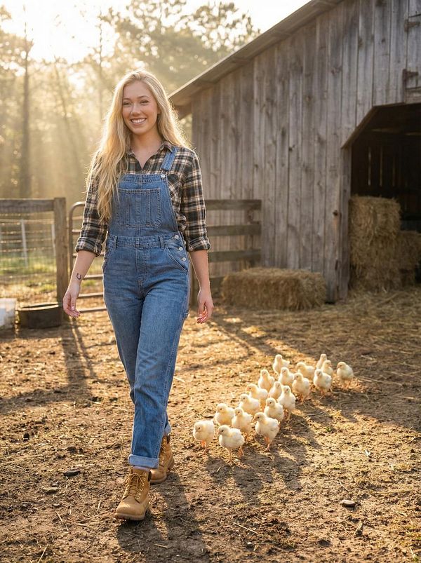 A woman in overalls walks through a farm with a line of chicks following her.