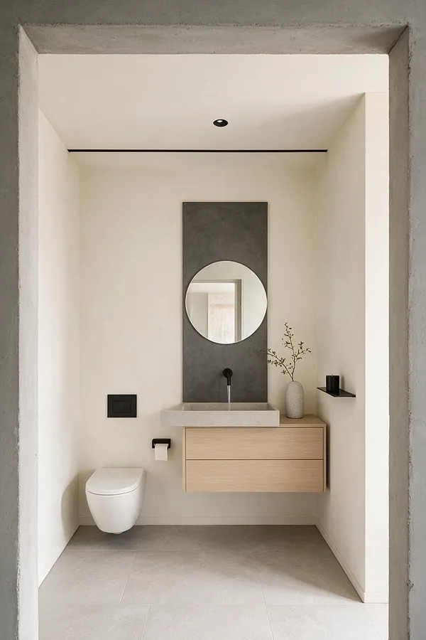 A minimalist powder room with white walls, a light wood floating vanity, a square stone sink, and a round mirror mounted on a dark gray wall panel. A wall-mounted toilet sits to the left, with black fixtures and a small shelf adding subtle contrast.
