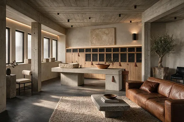 A Brutalist-style mudroom with exposed concrete columns and ceiling, a long central stone bench, pale wood lockers with dark grid fronts, and textured neutral finishes. A brown leather sofa, woven rug, and sculptural planters add warmth to the otherwise raw, minimalist space.