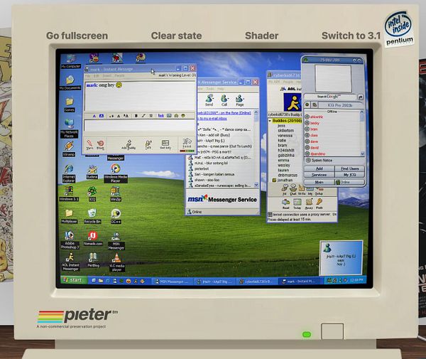 A vintage CRT monitor displaying multiple instant messaging service windows on a Windows XP desktop.