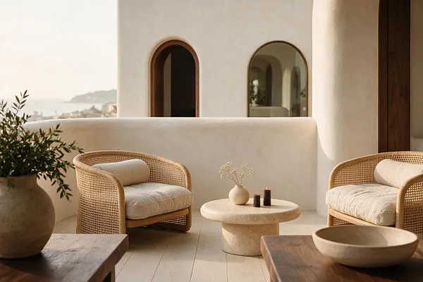 A sunlit outdoor terrace with cream stucco walls, two arched windows, and a low plaster parapet overlooking a distant coastal view. The seating area features two curved woven armchairs with light cushions, a round stone coffee table, and simple natural decor in warm neutral tones.