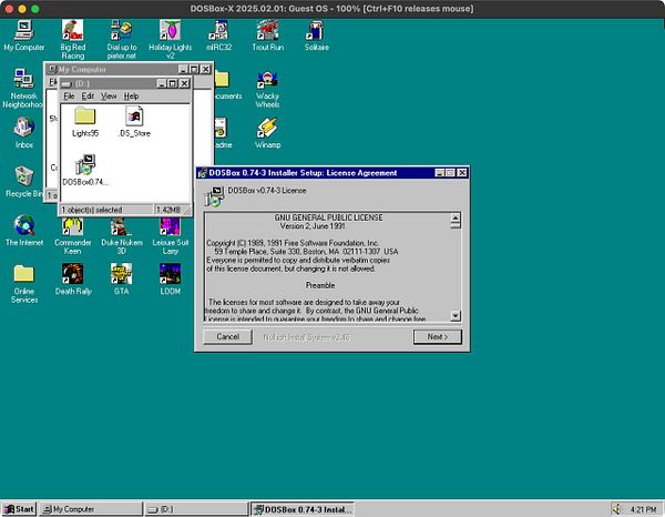 The image displays a Windows 95 desktop environment running DOSBox with an installation window for DOSBox v0.74.