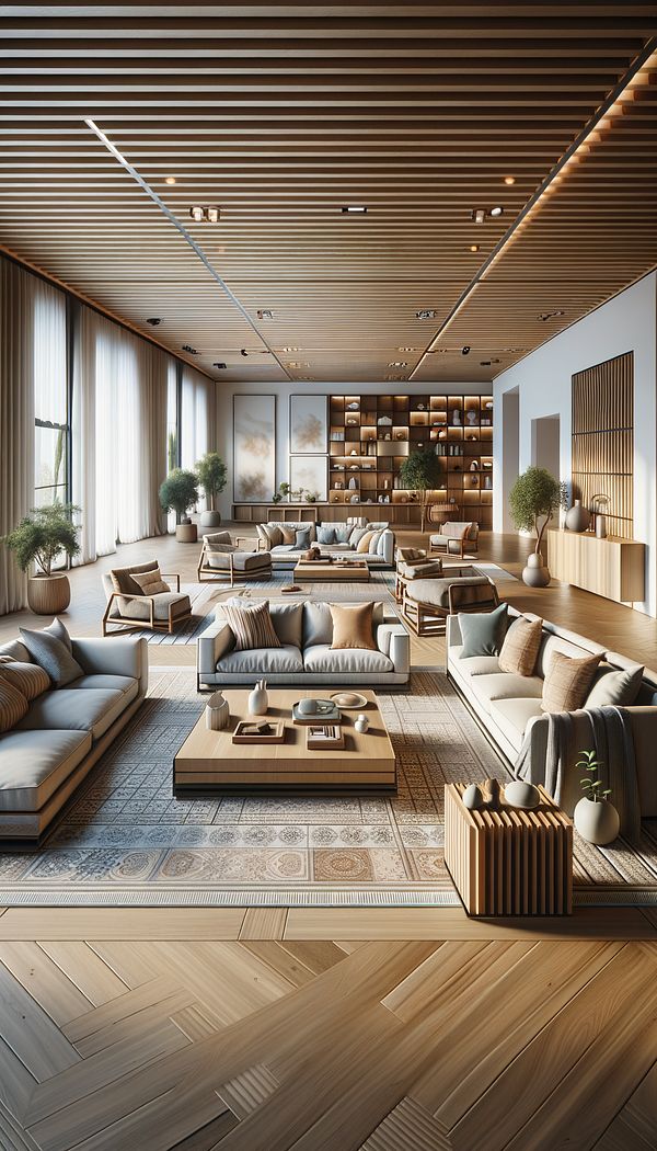 An open-concept living room with furniture arranged to encourage conversation and allow for easy movement.