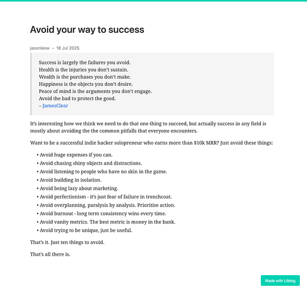 The image features a blog post titled 'Avoid your way to success' with insights on achieving success by avoiding common pitfalls.