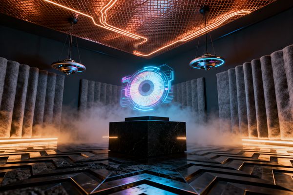 A futuristic media room shows a holographic eye hovering above a polished black marble pedestal amid low mist. Tall gray felt acoustic panels line the walls, while a copper mesh ceiling with amber circuit-like LED lines and two saucer-shaped pendants with blue light rings hangs overhead. The floor is dark stone with geometric metal inlays, and linear LEDs wash the base of the panels, creating a moody, high-tech atmosphere.