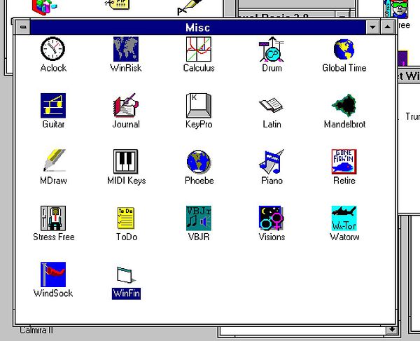 A Windows 3.11 application menu displaying various software icons.