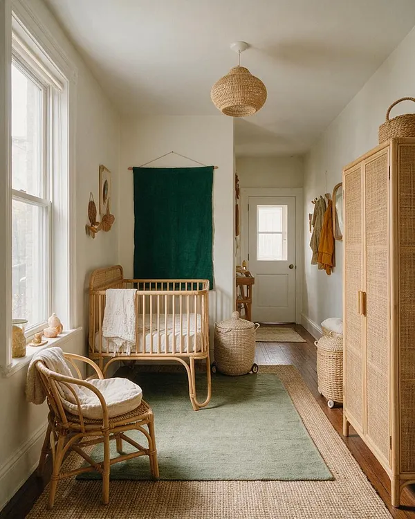 A long, narrow nursery styled in a bohemian look with a natural rattan crib, wicker chair, woven storage baskets, and a cane-front wardrobe. Soft white walls, a green rug, and a woven pendant light create a warm, airy atmosphere.