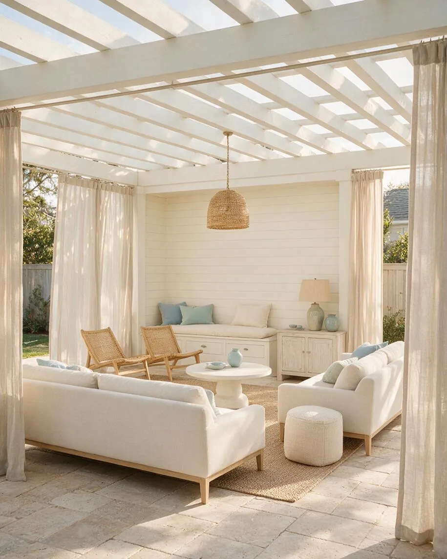 A sunlit backyard lounge under a white pergola with sheer curtains, cream upholstered sofas, woven rattan chairs, and a round white coffee table. Natural textures, soft blue accents, and pale wood tones create a relaxed coastal outdoor living space.