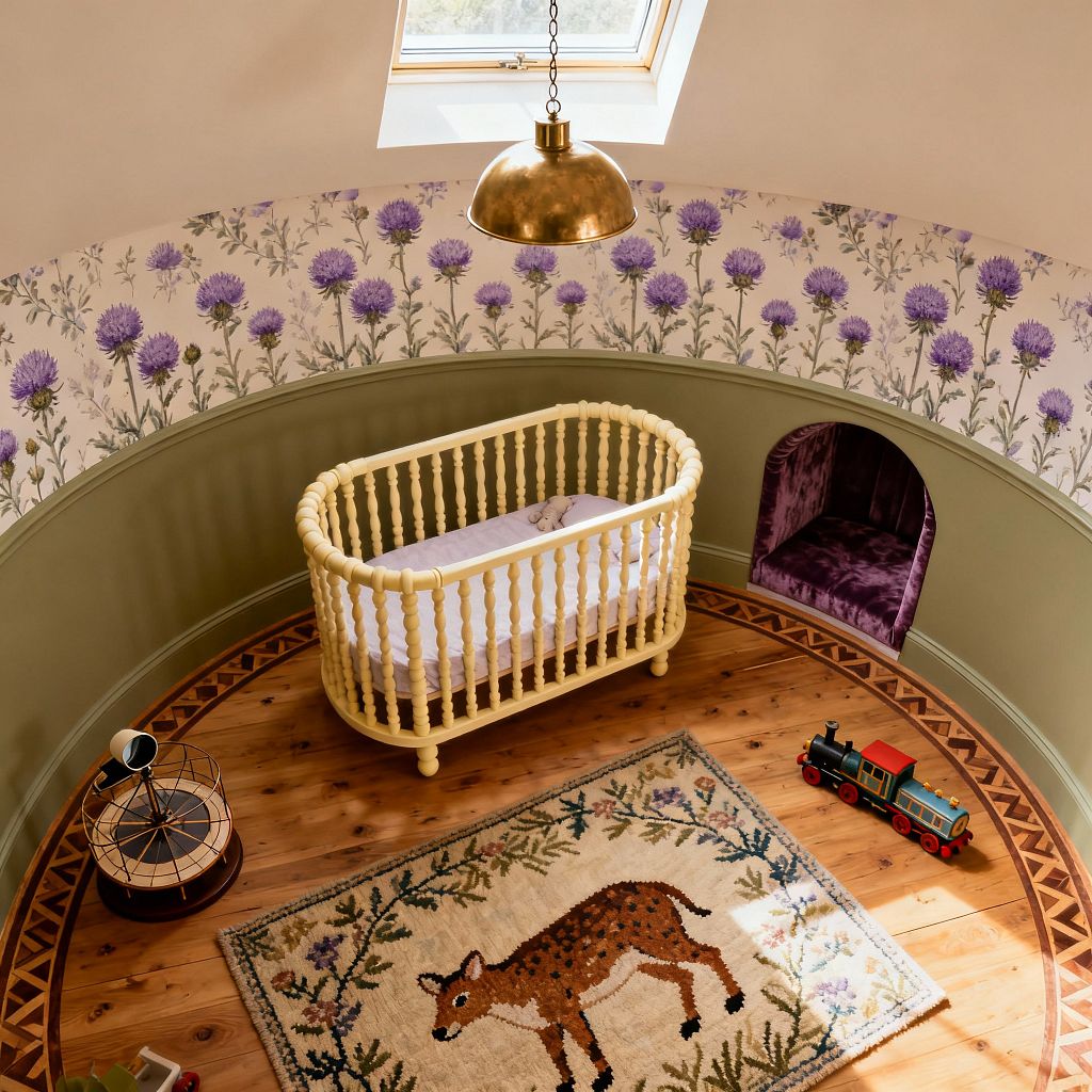 A circular nursery features sage-green wainscoting and cream wallpaper printed with purple thistles surrounding a butter-yellow spindle crib. A domed brass pendant and a skylight brighten solid wood floors with an inlaid border, a wool rug with a fawn motif, and a painted toy train. An arched nook lined in deep purple velvet is built into the curved wall, adding a cozy Victorian touch.