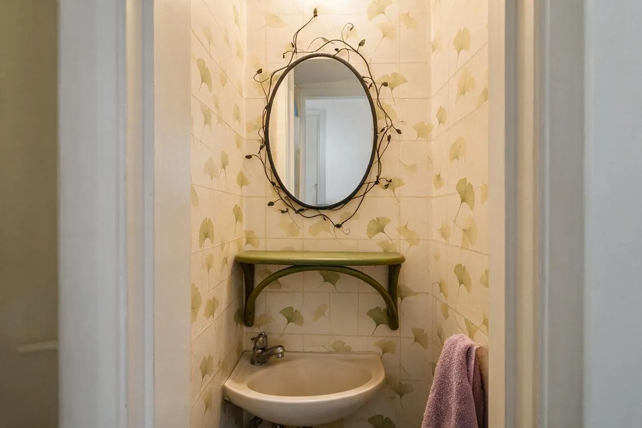 A narrow powder room with cream tiled walls covered in pale green ginkgo leaf patterns. An oval mirror framed by delicate dark metal vines hangs above a small green shelf and a wall-mounted white sink, with a pink towel on the right side.