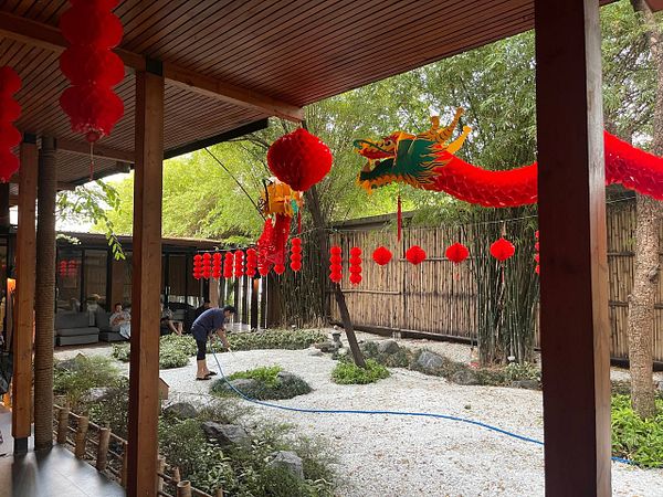 A serene onsen setting featuring a decorative dragon and vibrant red lanterns.