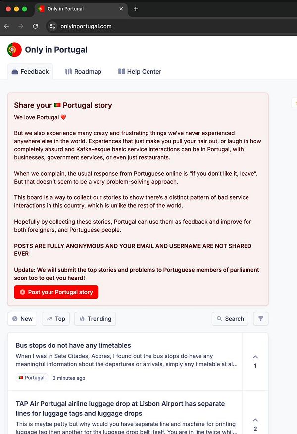 The image displays a webpage titled 'Only in Portugal' featuring a community board for sharing experiences related to Portugal.