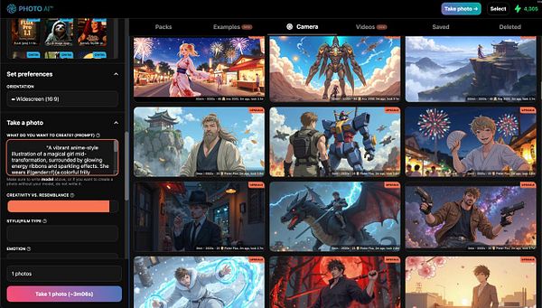 The image displays a user interface for an AI photo generation tool focused on creating anime-style illustrations.