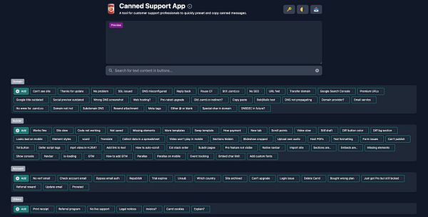 The image displays the interface of the Canned Support App, showcasing various preset messages for customer support tasks.
