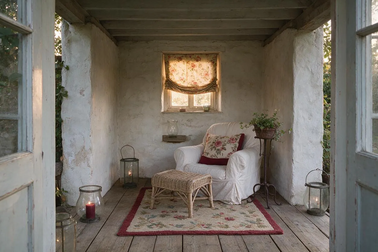 A small enclosed patio with white plaster walls, weathered wood flooring, and a painted wood ceiling. The space is furnished with a slipcovered armchair, a woven ottoman, lanterns, a floral rug, and a vintage-style floral curtain at the window, creating a soft cottagecore atmosphere.