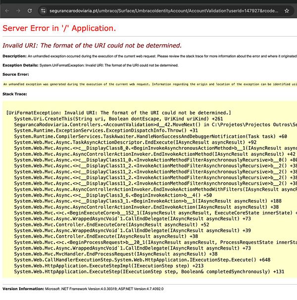 The image displays a server error message encountered during an online sign-up attempt for a driving theory school in Portugal.