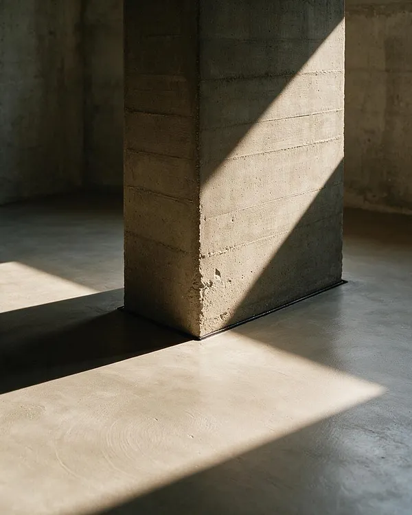 A close-up interior view of a rough concrete column rising from a smooth concrete floor, with strong diagonal sunlight casting sharp geometric shadows across the space. The room is otherwise sparse and monochromatic, emphasizing the raw texture and mass of the Brutalist structure.